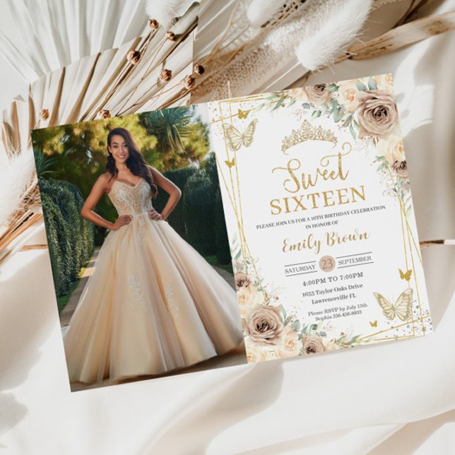 Invitation Sweet 16 Champagne Brown Papillons Floraux Photo (sweet sixteen 16 birthday champagne gold beige brown floral flowers roses butterflies invitations)