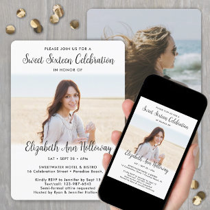 Invitation Sweet 16 Chic Modern Script 2 Photo Anniversaire