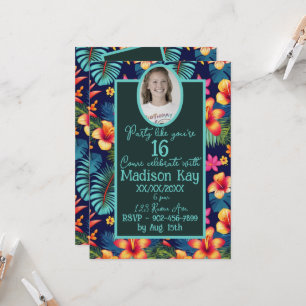 Invitation Sweet 16 Collage tropical Hibiscus Bleu profond