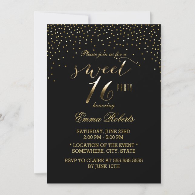 Invitation Sweet 16 Confetti Or Moderne Élégant Noir (Devant)