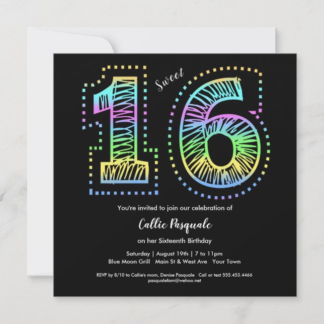 Invitation Sweet 16 Cool sur Black Anniversaire Fête Invitati (Devant)