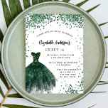 Invitation Sweet 16 couleur vert émeraude parties scintillant<br><div class="desc">Une invitation moderne, élégante et glamour pour une fête Sweet 16, 16e anniversaire. Sur le devant : Un arrière - plan blanc aux étincelles vertes, une robe vert émeraude. Le nom est écrit avec un script de style moderne écrit à la main. Personnalisez et ajoutez les détails de votre fête....</div>