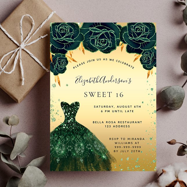 Invitation Sweet 16 couleur vert émeraude robe or floral (Créateur téléchargé)