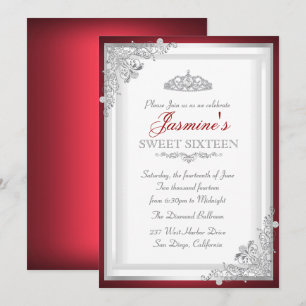 Invitation Sweet 16 Couronne Argent Damassé Rouge