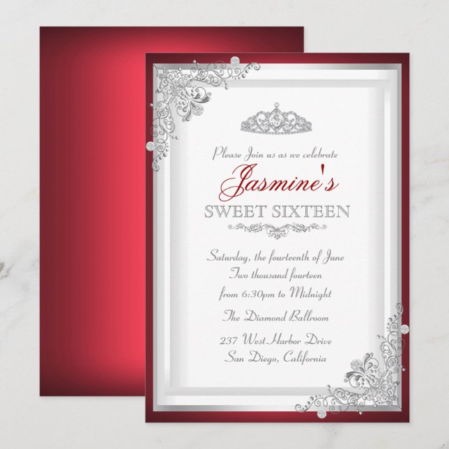 Invitation Sweet 16 Couronne Argent Damassé Rouge (Devant / Derrière)