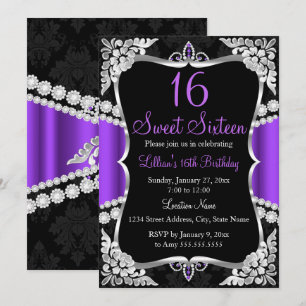 Invitation Sweet 16 Couronne Argent Violet Noir