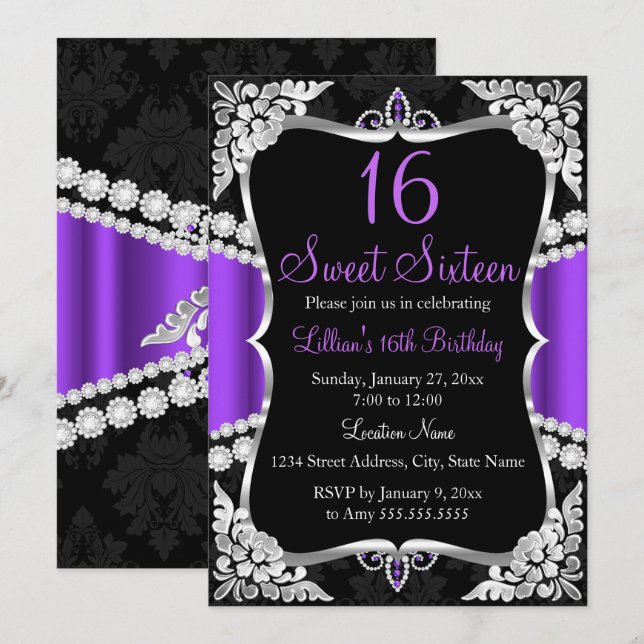 Invitation Sweet 16 Couronne Argent Violet Noir (Devant / Derrière)