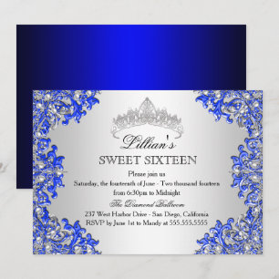 Invitation Sweet 16 Couronne Bleue Argent Damassé