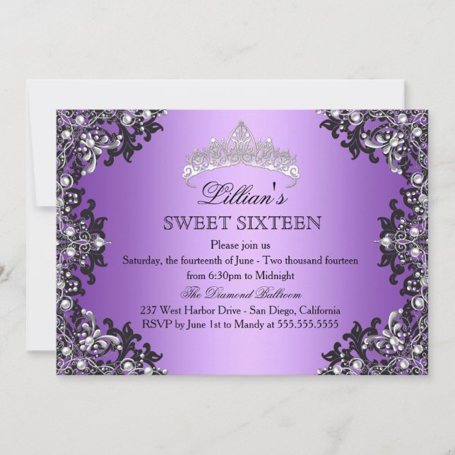Invitation Sweet 16 Couronne Damassée Argent Viole (Devant)