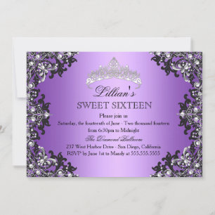 Invitation Sweet 16 Couronne Damassée Argent Viole