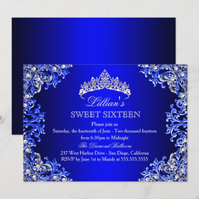 Invitation Sweet 16 Couronne de Damas Bleu (Devant / Derrière)