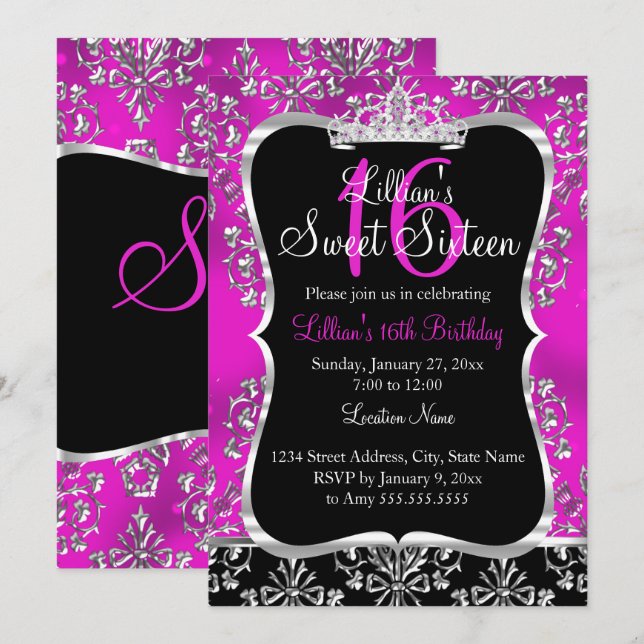 Invitation Sweet 16 Couronne de Damas noir rose ch (Devant / Derrière)