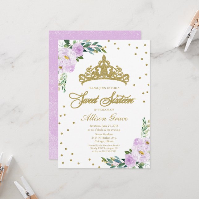 Invitation Sweet 16 Couronne dorée Fleurs lavande (Devant/Arrière en situation)