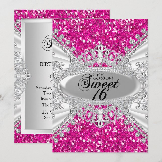 Invitation Sweet 16 Couronne Pink Glitter & Diaman (Devant / Derrière)