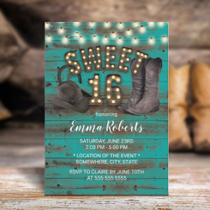 Invitation Sweet 16 Cowgirl Rustique Turquoise Grange Bois Ou
