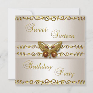 Invitation Sweet 16 Crème blanche Perle d'or Bijou de papillo