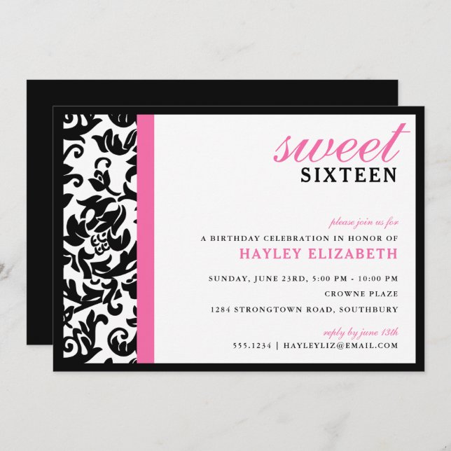 Invitation Sweet 16 Damas moderne avec bordure, rose vif (Devant / Derrière)