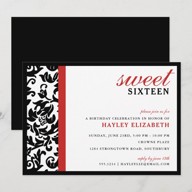 Invitation Sweet 16 Damas moderne avec bordure, Rouge (Devant / Derrière)