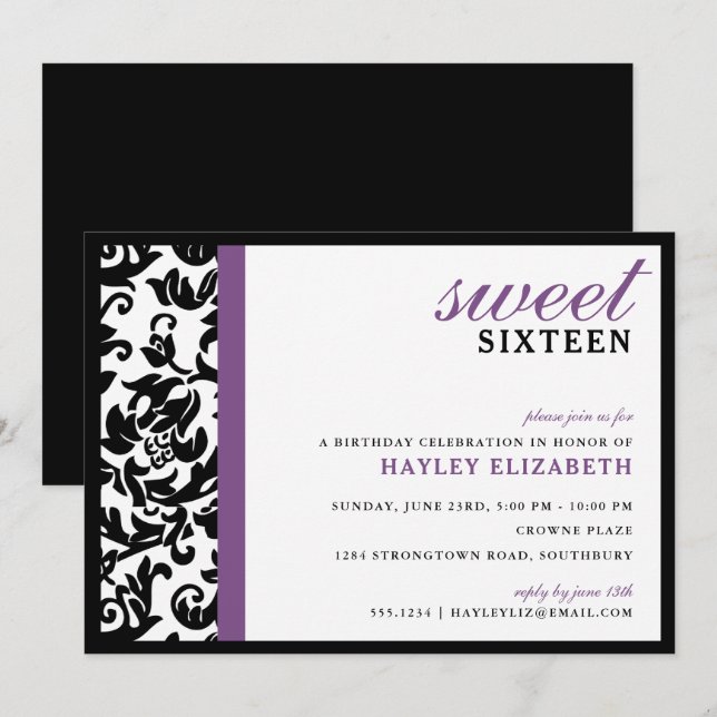 Invitation Sweet 16 Damas moderne avec bordure, violet (Devant / Derrière)