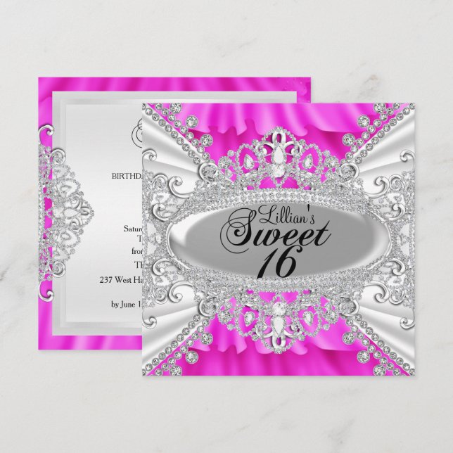 Invitation Sweet 16 Diamant Étincelant Rose Chaud (Devant / Derrière)
