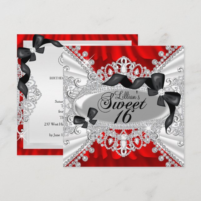 Invitation Sweet 16 Diamant Étincelant Rouge & Nœu (Devant / Derrière)