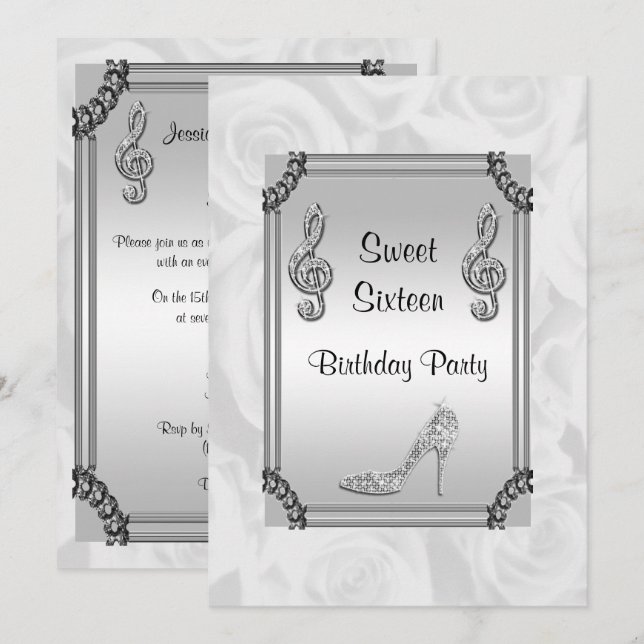 Invitation Sweet 16 Diamond Music Note, Stiletto & (Devant / Derrière)