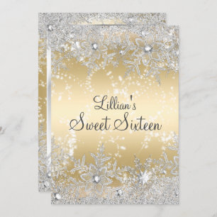 Invitation Sweet 16 Diamond Snowflake Gold Winter Wonderland