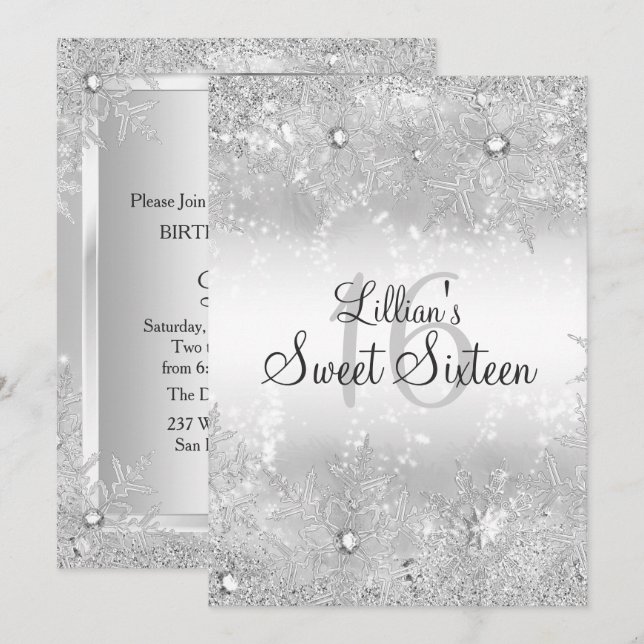 Invitation Sweet 16 Diamond Snowflake Winter Wonderland (Devant / Derrière)