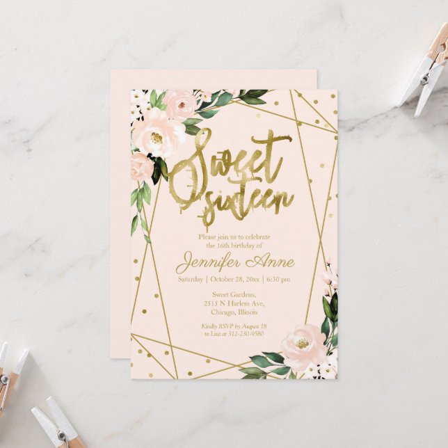 Invitation Sweet 16 dorure feuilletée floral rose  (Devant/Arrière en situation)