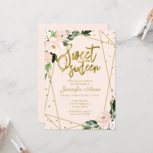 Invitation Sweet 16 dorure feuilletée floral rose 