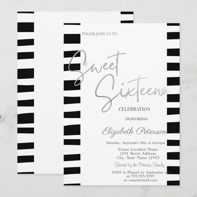 Invitation Sweet 16 écriture argent rayures noires  (Devant / Derrière)