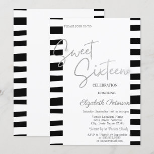Invitation Sweet 16 écriture argent rayures noires