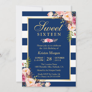Invitation Sweet 16 Elégant rose floral marine Bleu raypes