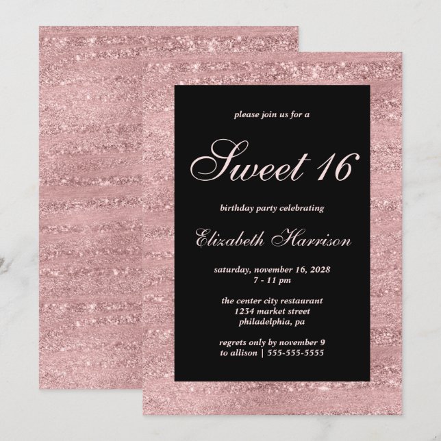 Invitation Sweet 16 Elégant Rose Gold Black fête d'anniversai (Devant / Derrière)