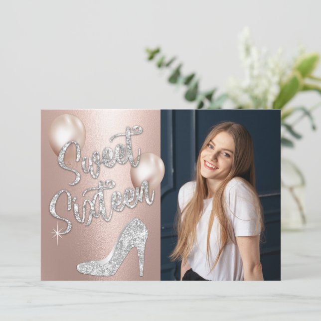 Invitation Sweet 16 Elégant Rose Gold & Silver Photo Annivers (Debout devant)