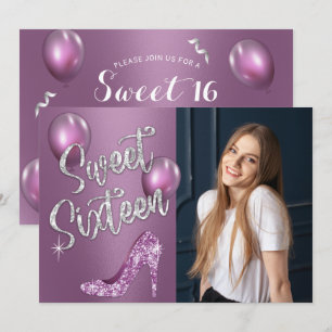 Invitation Sweet 16 Élégante fille photo violette 16e anniver