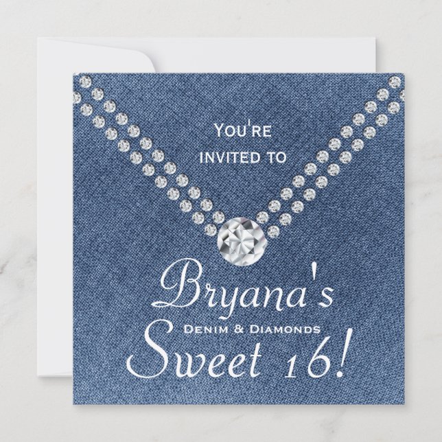Invitation Sweet 16 Enveloppe Bling Diamants Denim (Devant)