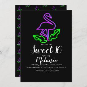 Invitation Sweet 16 Été Neon Tropical Flamant rose Fête Lumin