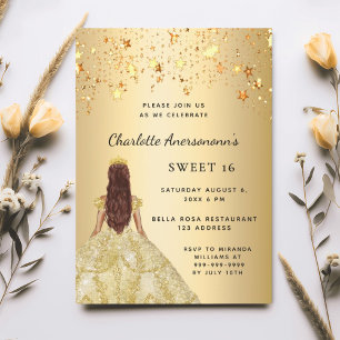 Invitation Sweet 16 étoiles de robe or