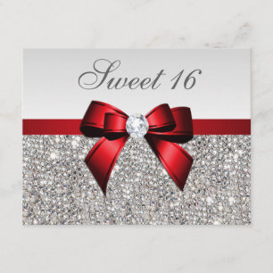 Invitation Sweet 16 Faux Séquins Argent Diamants Bow Rouge