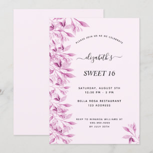 Invitation Sweet 16 fêtards rose pâle florales botaniques