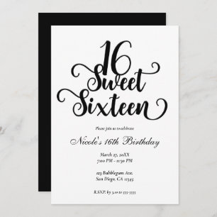 Invitation Sweet 16 fête d'anniversaire blanche et noire  