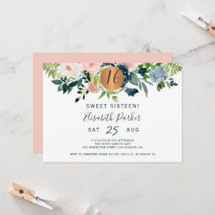 Invitation Sweet 16 fête d'anniversaire moderne à fleurs aqua