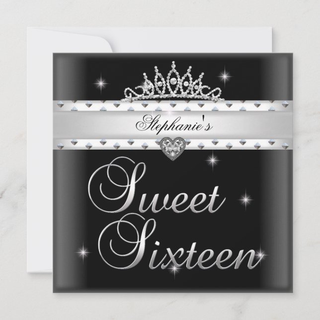 Invitation Sweet 16 fête d'anniversaire Noir Blanc Tiara (Devant)