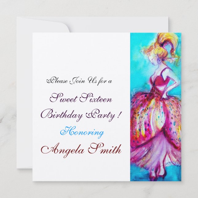 Invitation SWEET 16 FÊTE D'ANNIVERSAIRE Rouge rose bleu turqu (Devant)