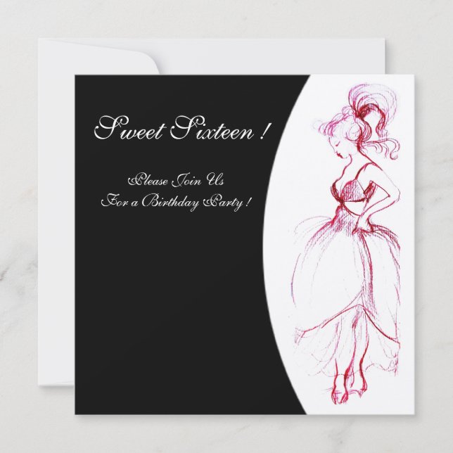 Invitation SWEET 16 FÊTE D'ANNIVERSAIRE Rouge Rose Noir Blanc (Devant)
