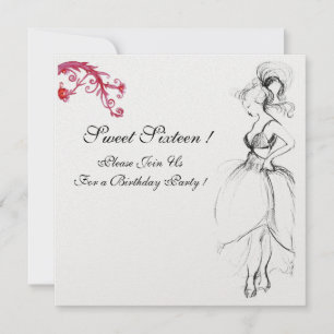 Invitation SWEET 16 FÊTE D'ANNIVERSAIRE Rouges Black White