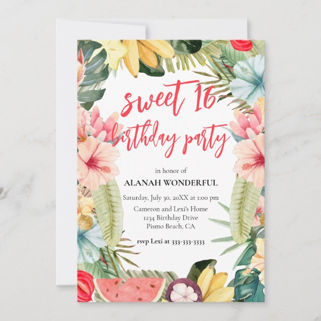 Invitation Sweet 16 fête d'anniversaire Tropical Floral (Devant)