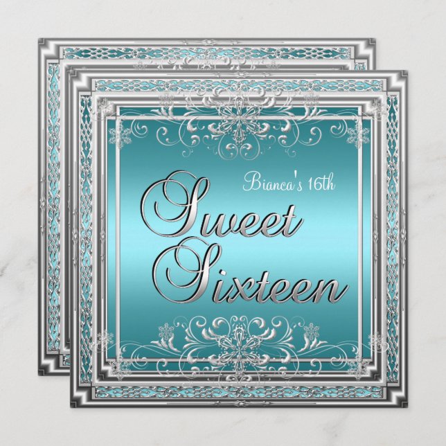 Invitation Sweet 16 fête d'anniversaire Turquoise bleu argent (Devant / Derrière)