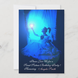 INVITATION SWEET 16 FÊTE, SAPPHIRE BLUE, BLACK DAMASK